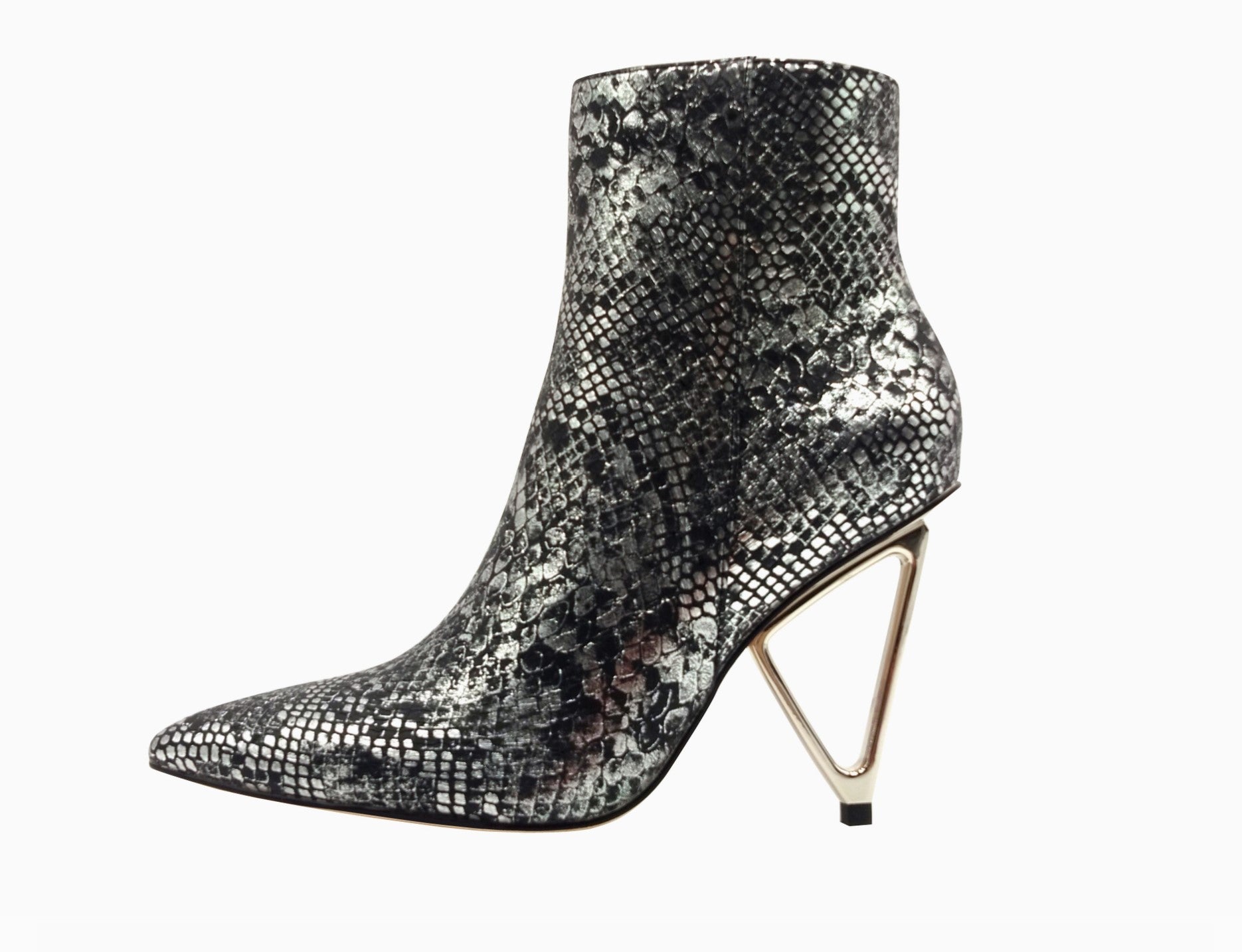 Gia Pointed Toe Bootie on Gold Triangle Heel