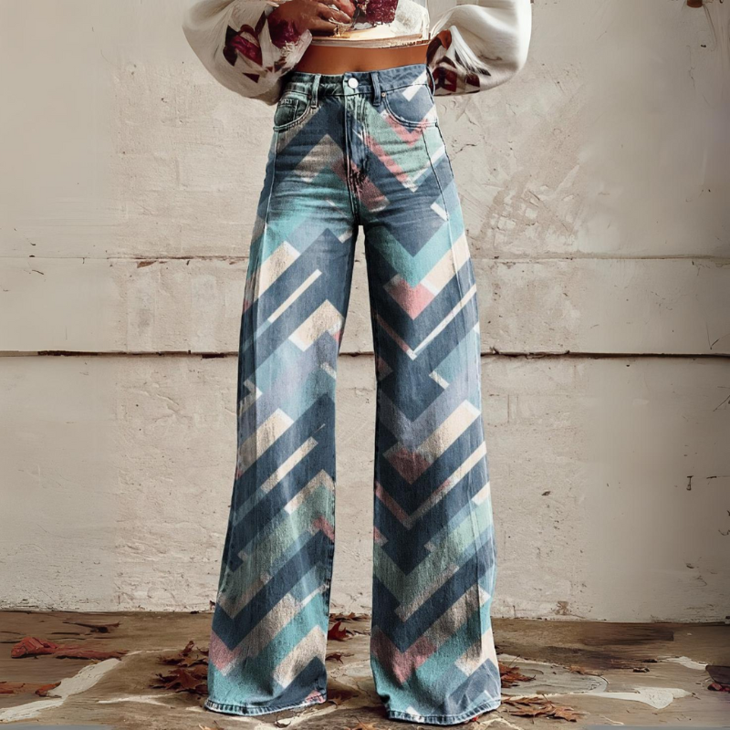 Hendrix Printed Wide Leg Flared Pants Chevron Denim