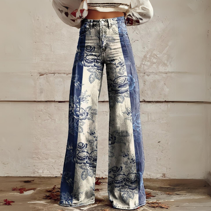 Hendrix Printed Wide Leg Flared Pants Color Block Denim Vintage Flower
