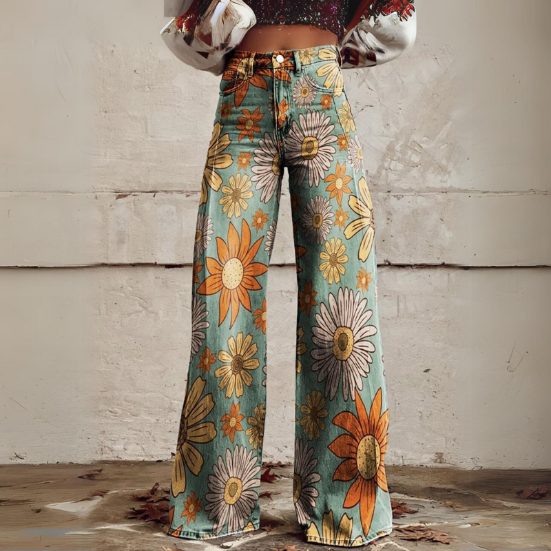 Hendrix Printed Wide Leg Flared Pants  Flower Psychedelic