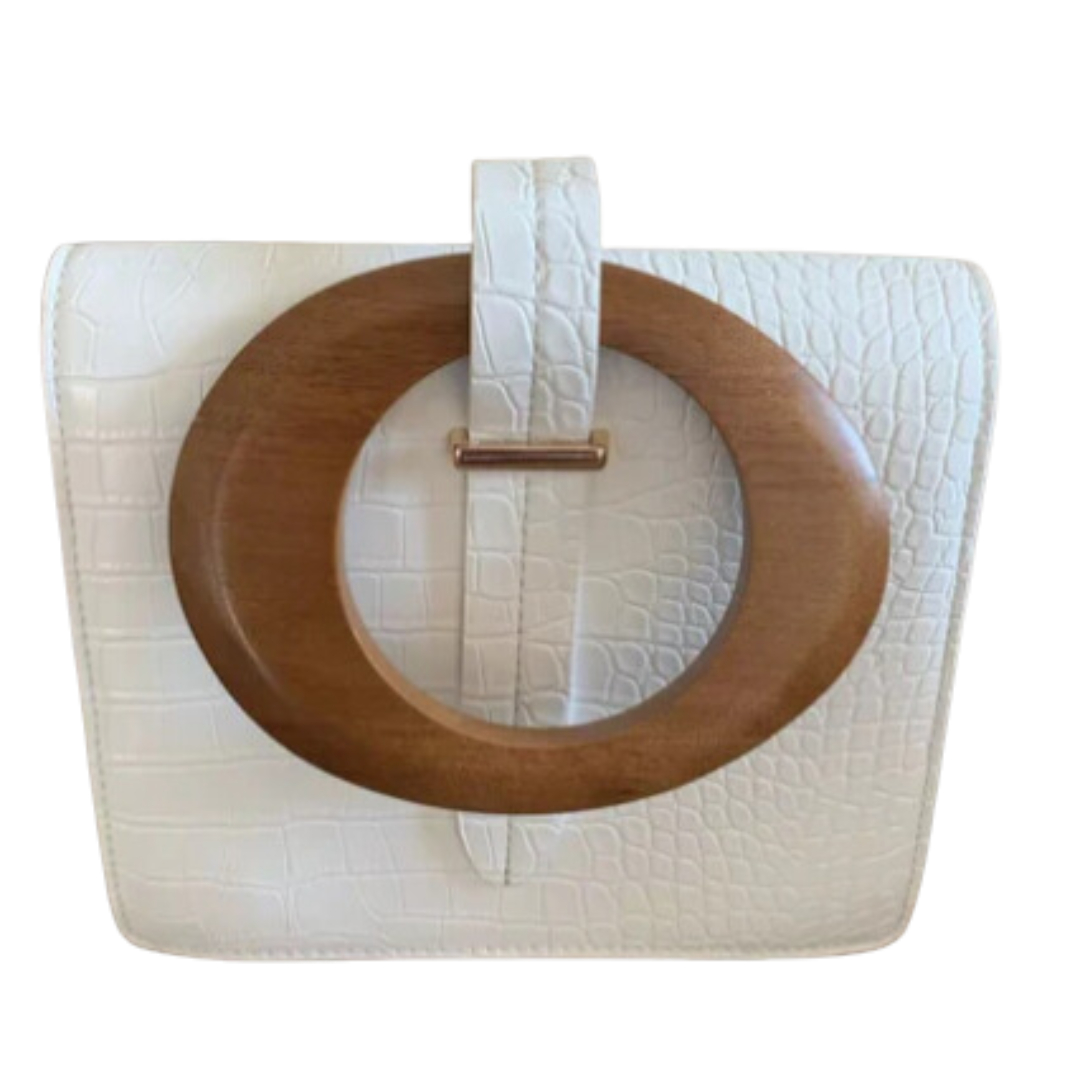 Izzy Wooden Handle White Crossbody  Clutch bag