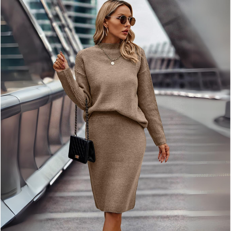 Jumana Two-Piece Mock Neck Solid Ribbed Knit Set.