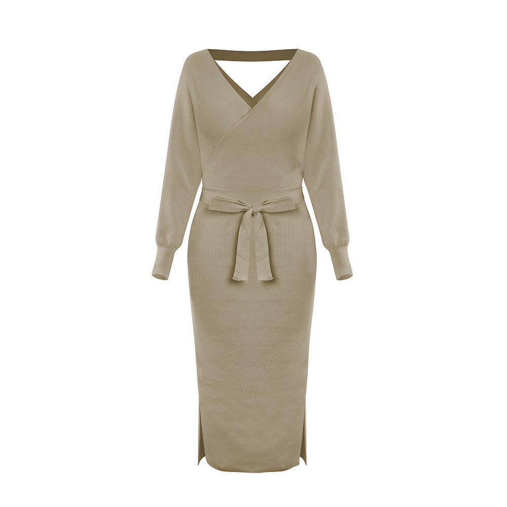 Kyra Midi Sweater Dress Khaki front tie