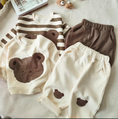 Load image into Gallery viewer, 1 super cozy Top featuring a large Baby Bear face, showcasing your little one's love for bears, and 1 comfy pair of Pants with Bear patches at the knees, adding a playful touch to their outfit.
