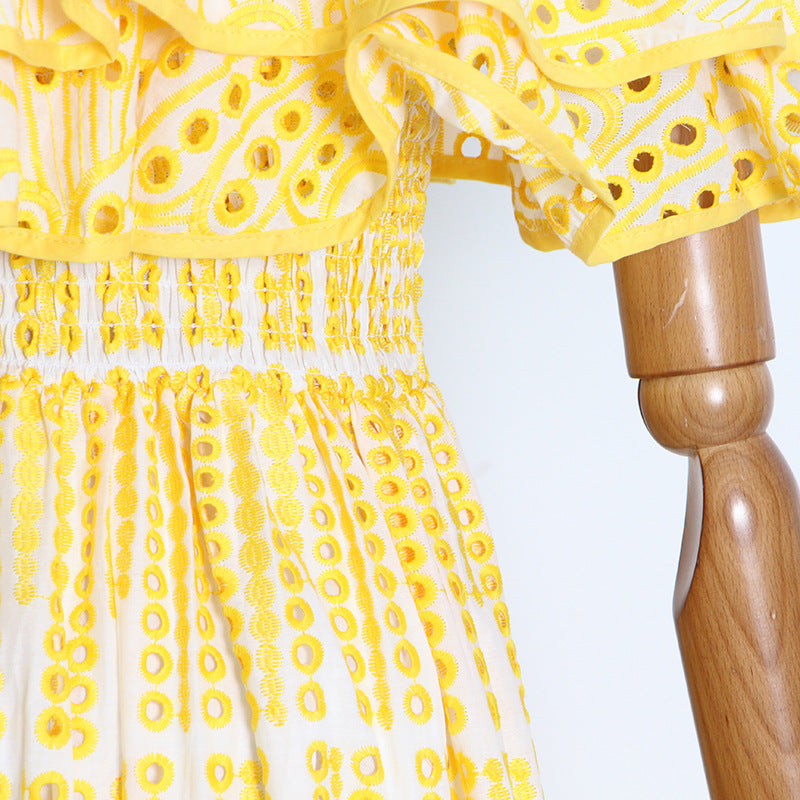 yellow embroidered floral off shoulder maxi dress summer waist details