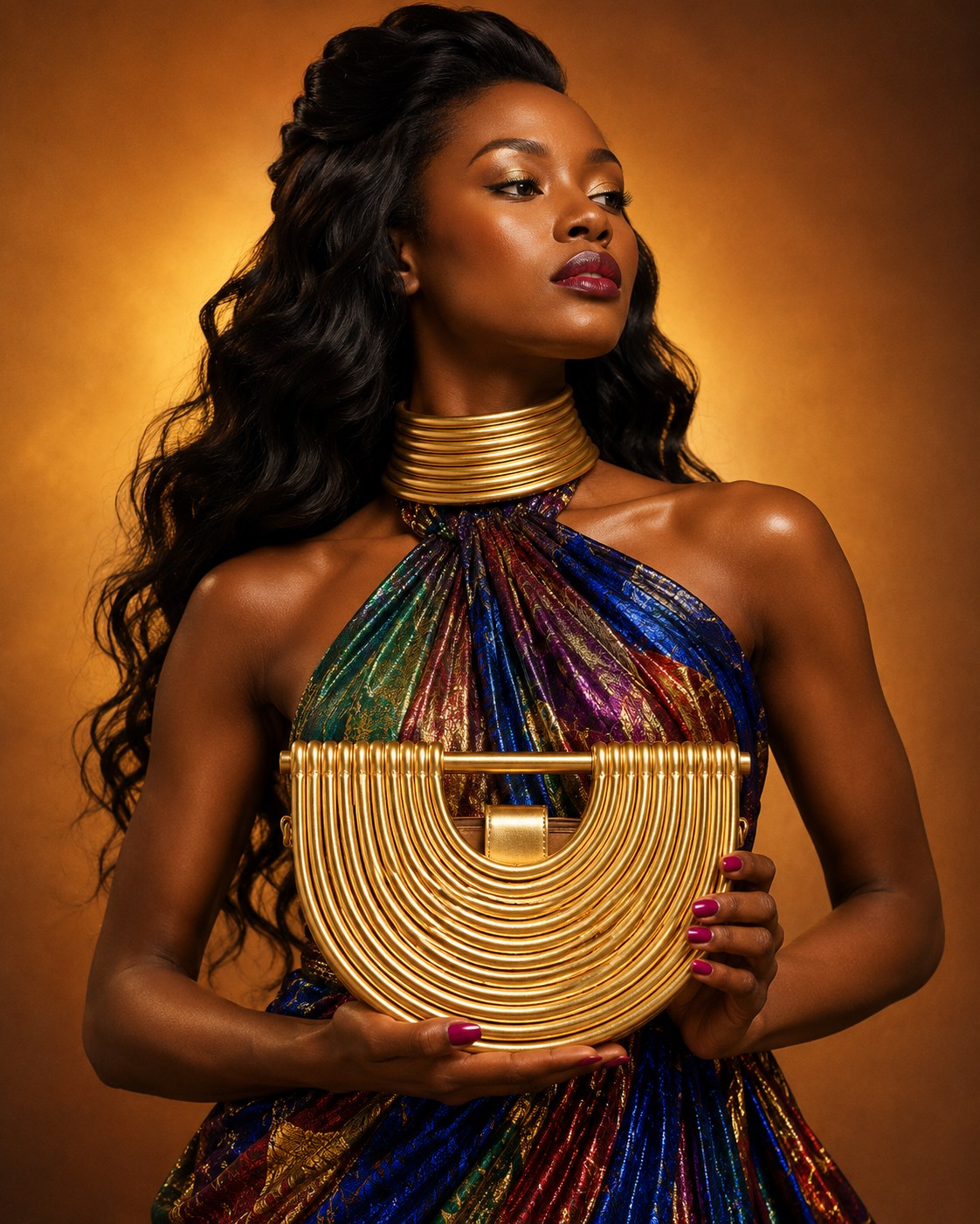 top handle and shoulder strap inspired by African heritage jewelry and modern sculptural design
