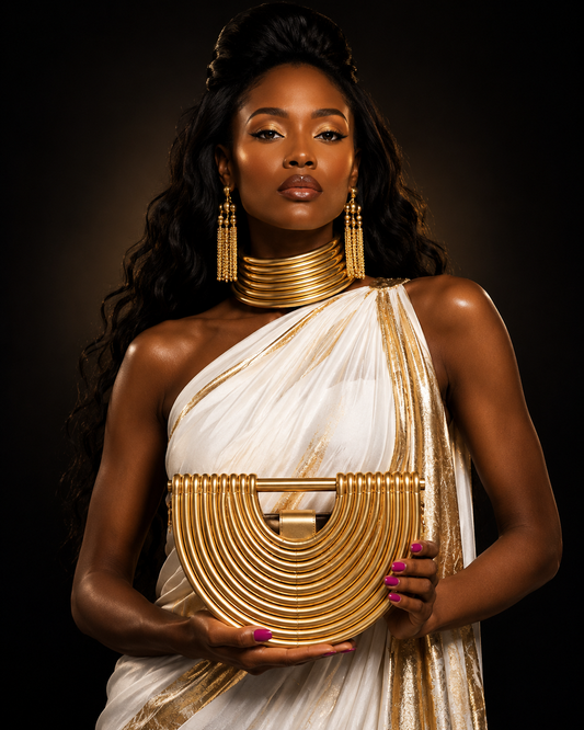 Luxury gold architectural handbag featuring concentric arc detailing