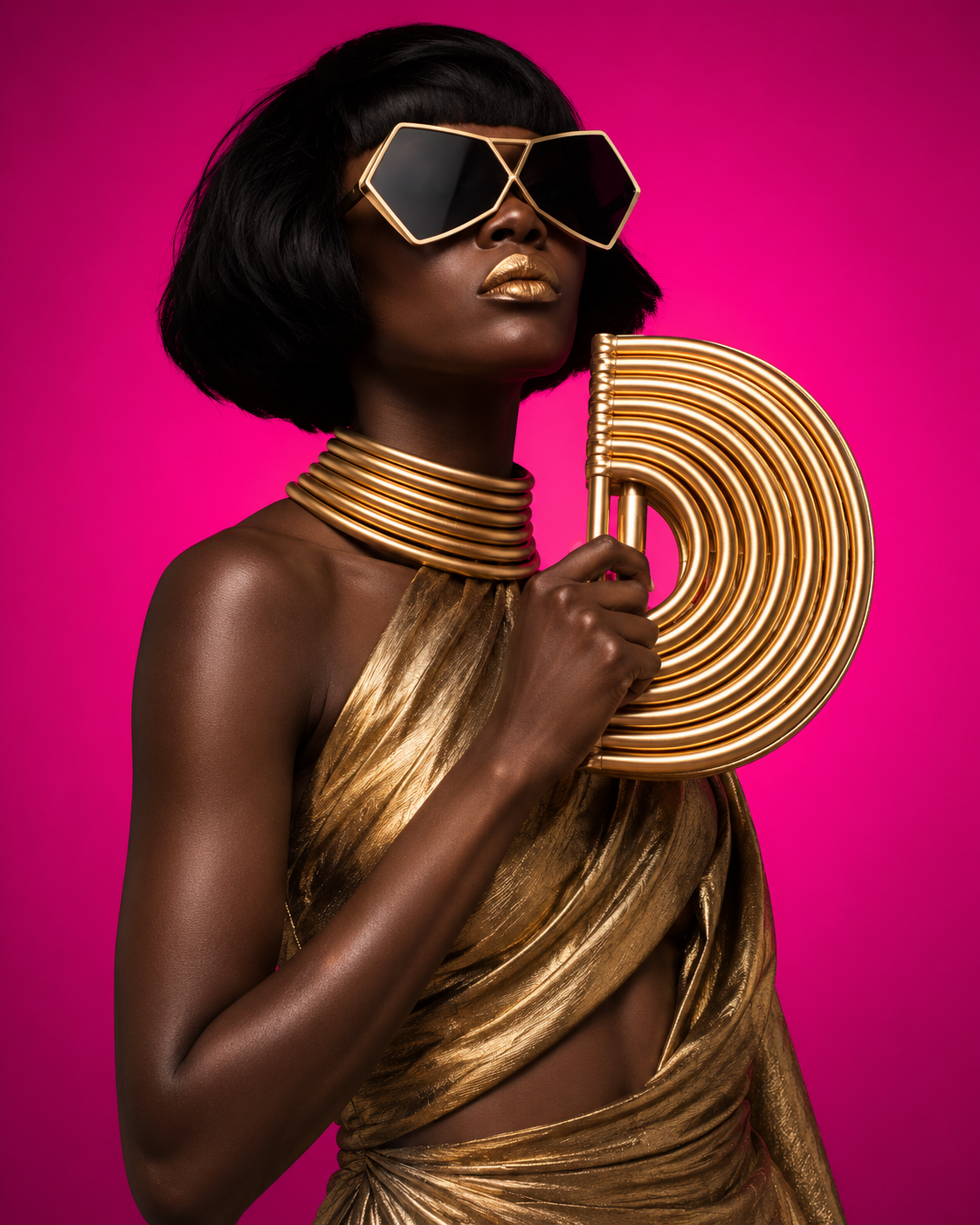 Luxury gold architectural handbag featuring concentric arc detailing