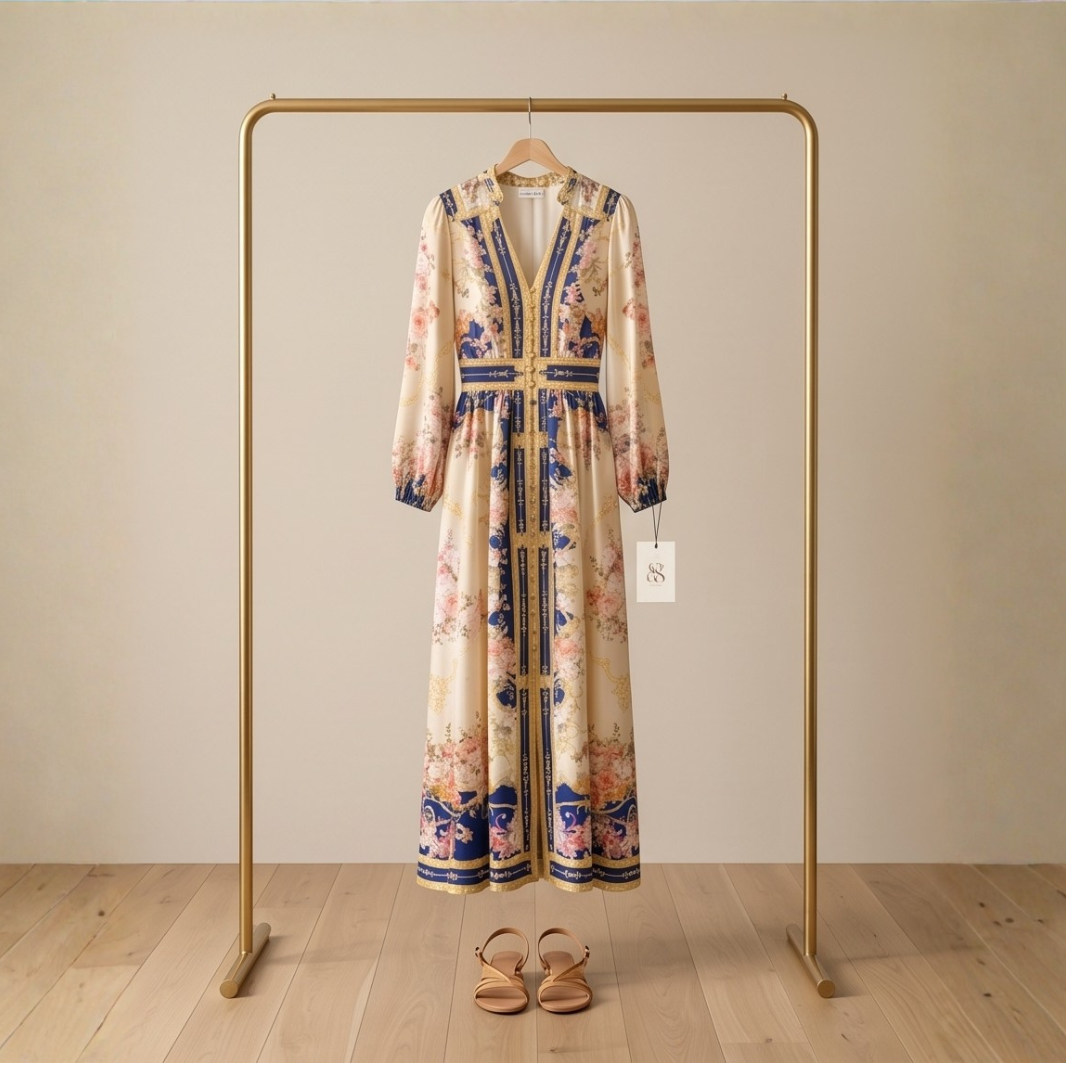 luxury boutique midi dress pastel floral long sleeve