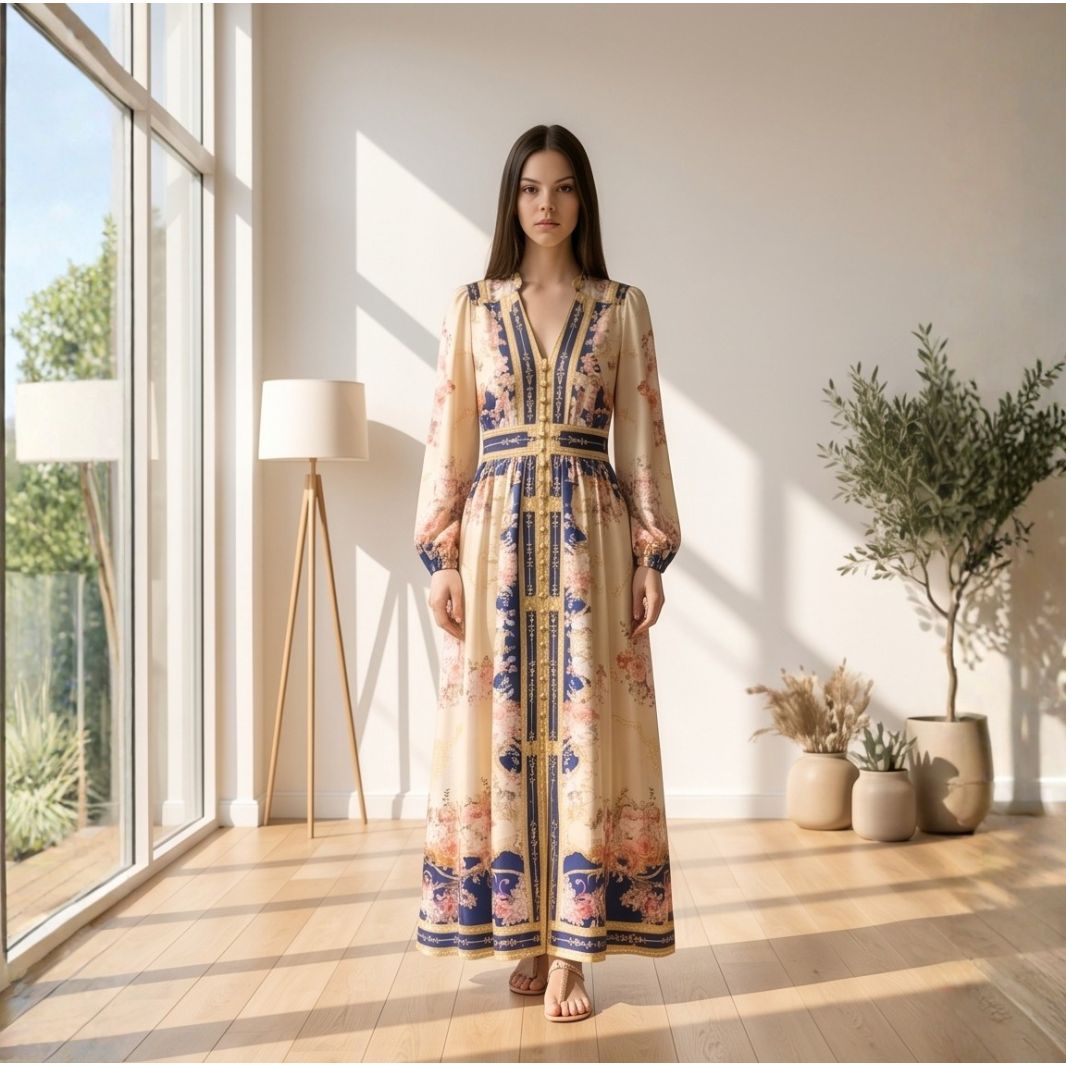 luxury boutique midi dress pastel floral long sleeve