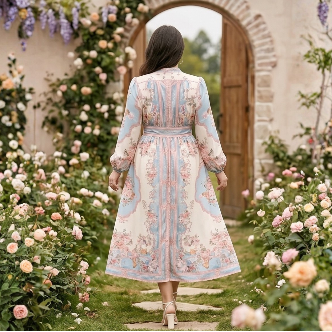 cotton candy floral midi dress with balloon sleeves priest collar back