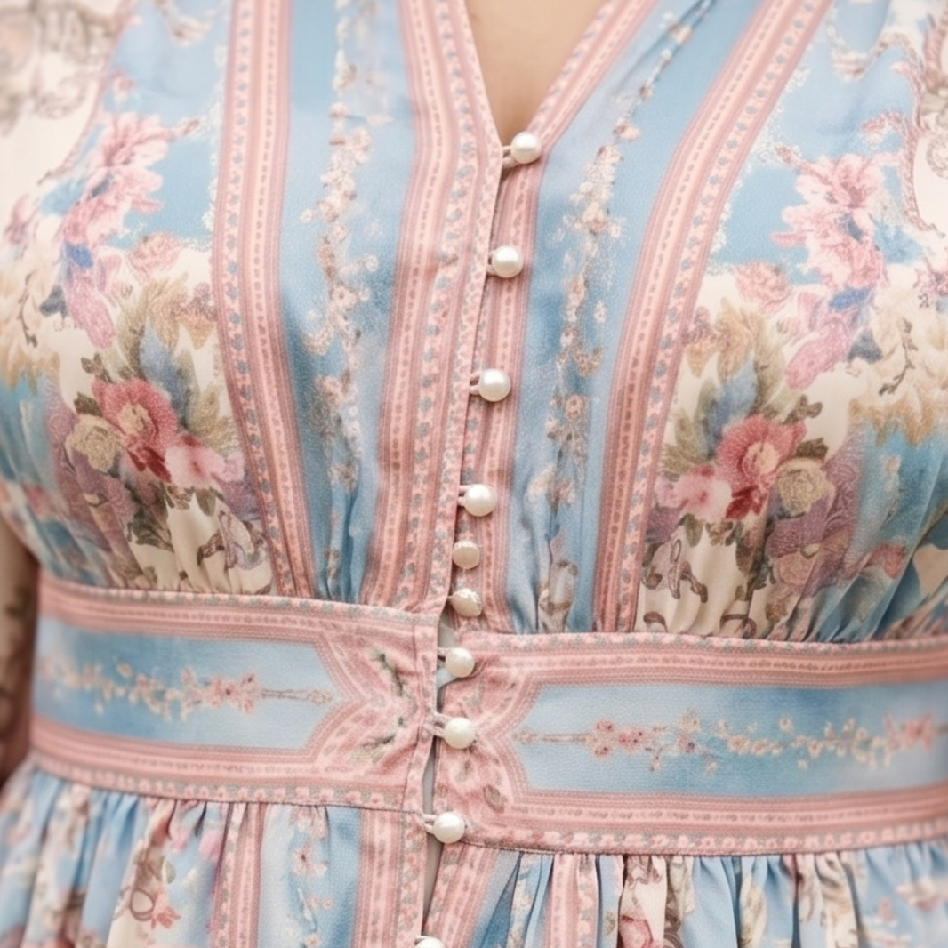 cotton candy floral midi dress with balloon sleeves priest collar details