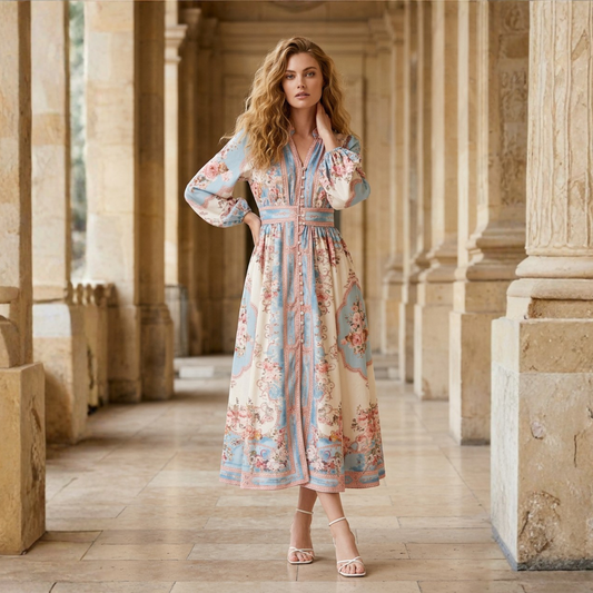 cotton candy floral midi dress with balloon sleeves priest collar