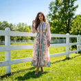 Load image into Gallery viewer, luxury boutique midi dress pastel floral long sleeve ranch
