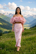 Load image into Gallery viewer, Lumière Rosé Sculpted Two-Piece Outfit– Elegant Off-Shoulder Ruffle Crop Top & Maxi Skirt Set for Women
