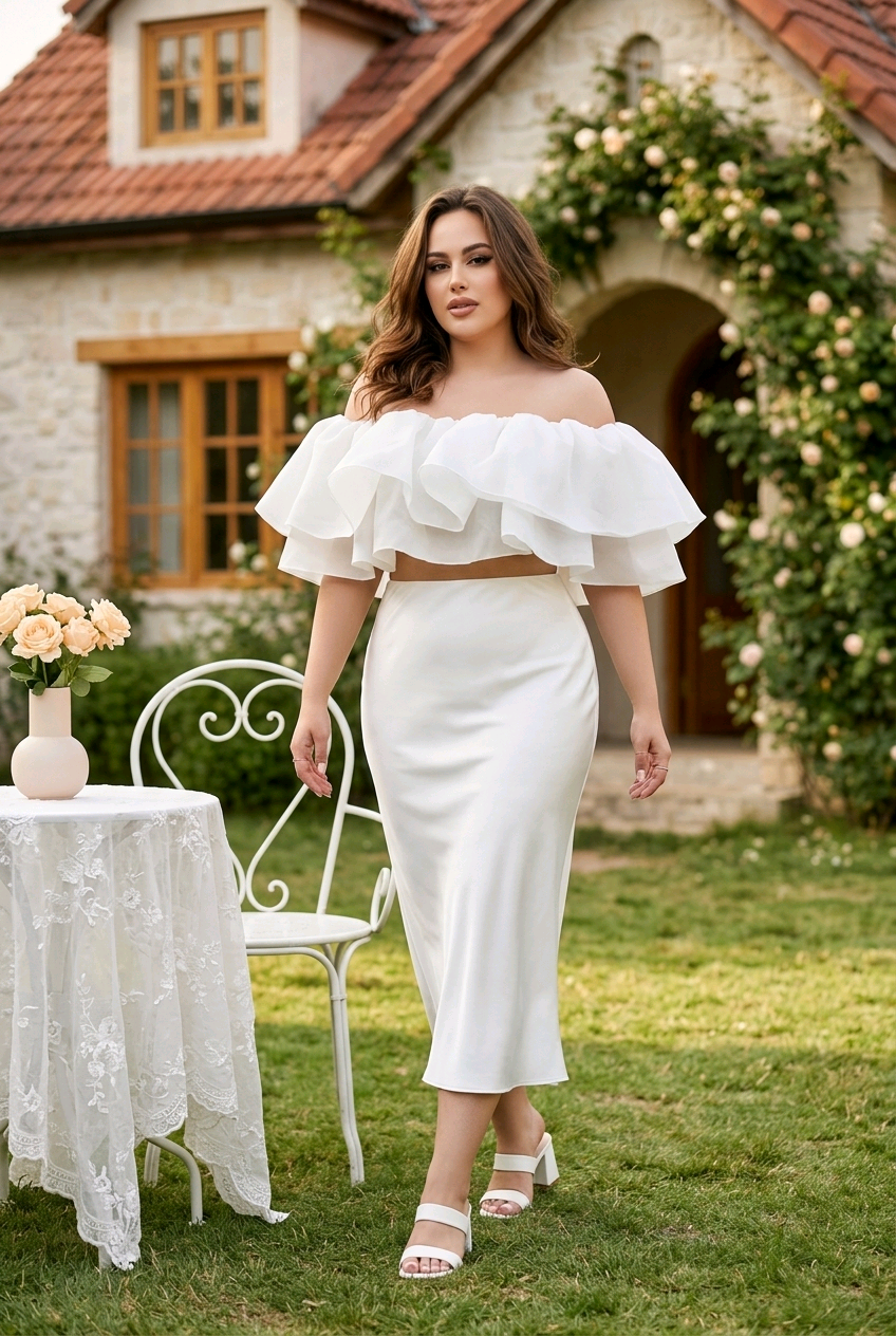 Lumière Rosé Sculpted Two-Piece Outfit– Elegant Off-Shoulder Ruffle Crop Top & Maxi Skirt Set for Women