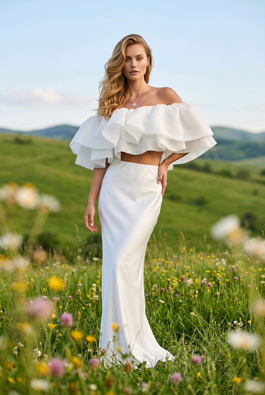 Lumière Rosé Sculpted Two-Piece Outfit– Elegant Off-Shoulder Ruffle Crop Top & Maxi Skirt Set for Women