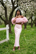 Load image into Gallery viewer, Lumière Rosé Sculpted Two-Piece Outfit– Elegant Off-Shoulder Ruffle Crop Top & Maxi Skirt Set for Women
