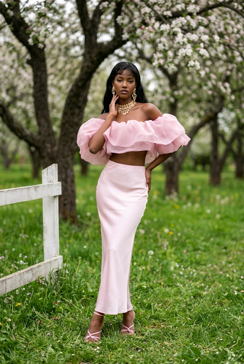 Lumière Rosé Sculpted Two-Piece Outfit– Elegant Off-Shoulder Ruffle Crop Top & Maxi Skirt Set for Women