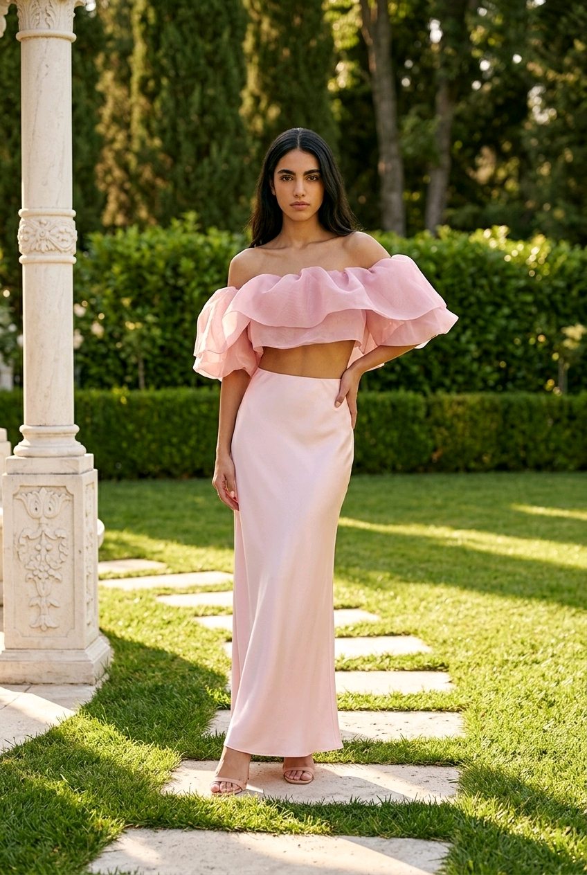Lumière Rosé Sculpted Two-Piece Outfit– Elegant Off-Shoulder Ruffle Crop Top & Maxi Skirt Set for Women