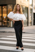 Load image into Gallery viewer, Lumière Rosé Sculpted Two-Piece Outfit– Elegant Off-Shoulder Ruffle Crop Top & Maxi Skirt Set for Women
