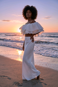 Load image into Gallery viewer, Lumière Rosé Sculpted Two-Piece Outfit– Elegant Off-Shoulder Ruffle Crop Top & Maxi Skirt Set for Women
