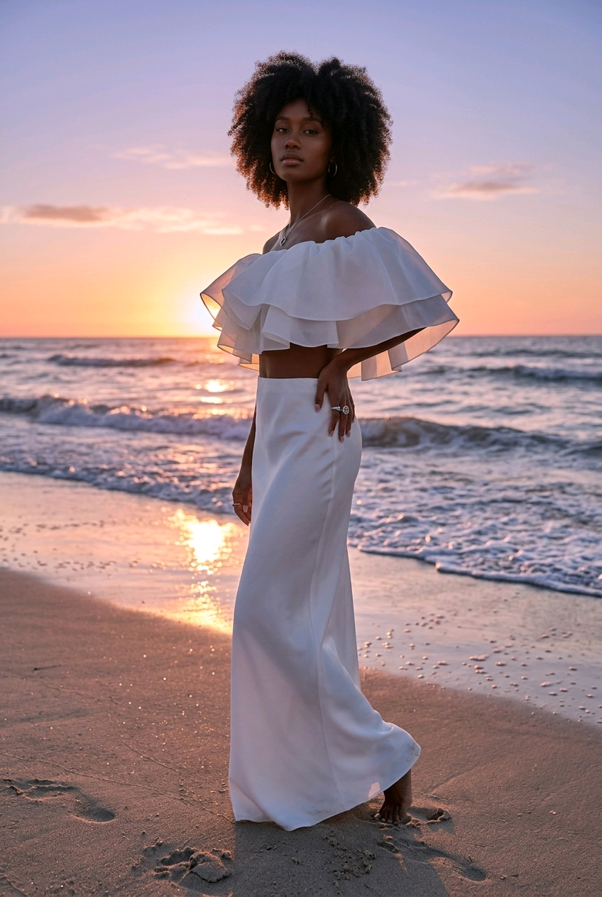Lumière Rosé Sculpted Two-Piece Outfit– Elegant Off-Shoulder Ruffle Crop Top & Maxi Skirt Set for Women