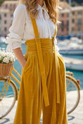 Load image into Gallery viewer, elegant high waist jumpsuit with suspenders Mediterranean style outfit details
