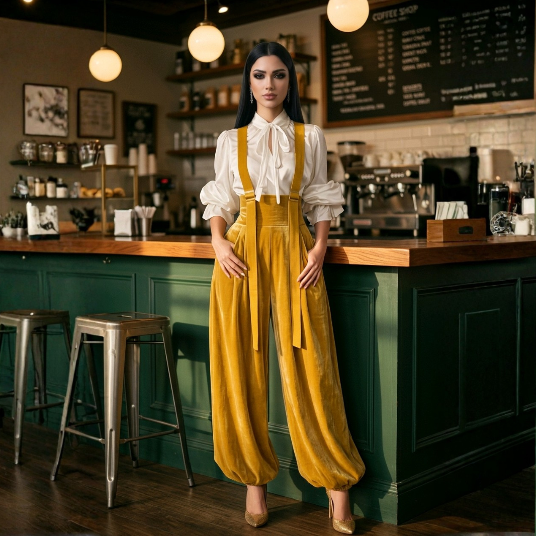 chic yellow wide leg Harem jumpsuit women vacation fashion look