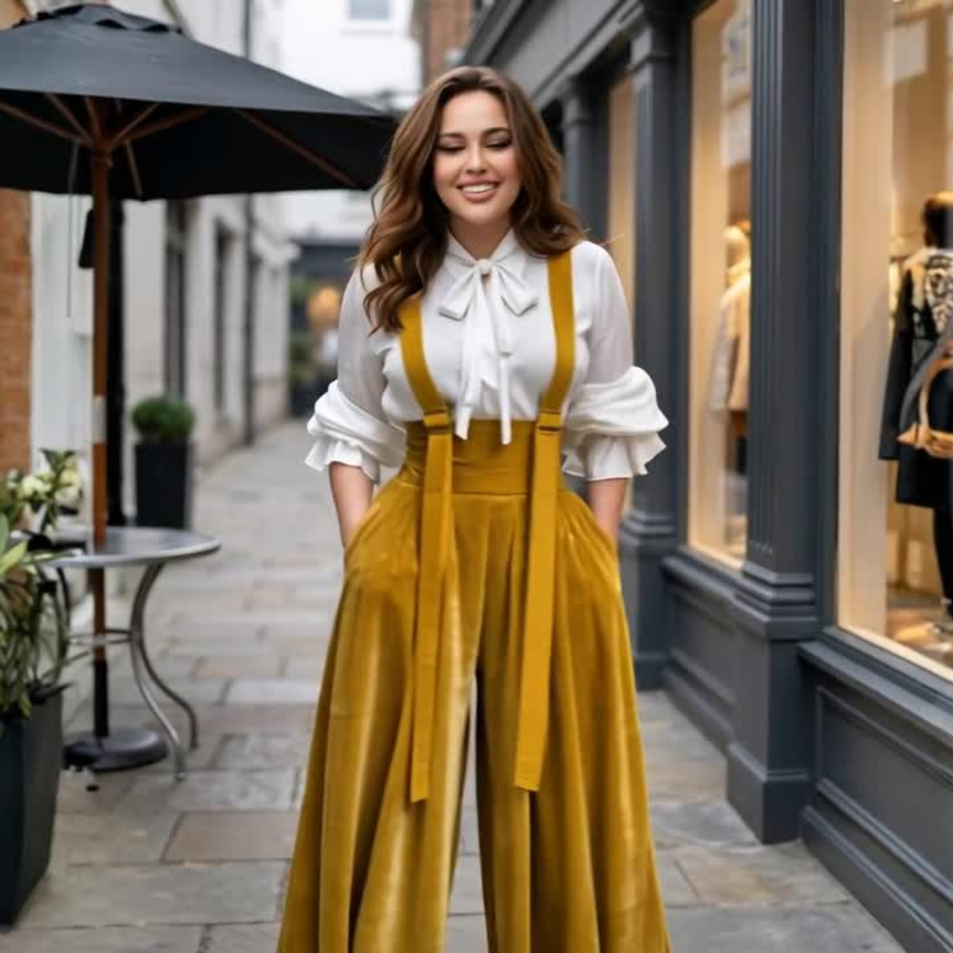 European style suspender jumpsuit wide leg golden outfit