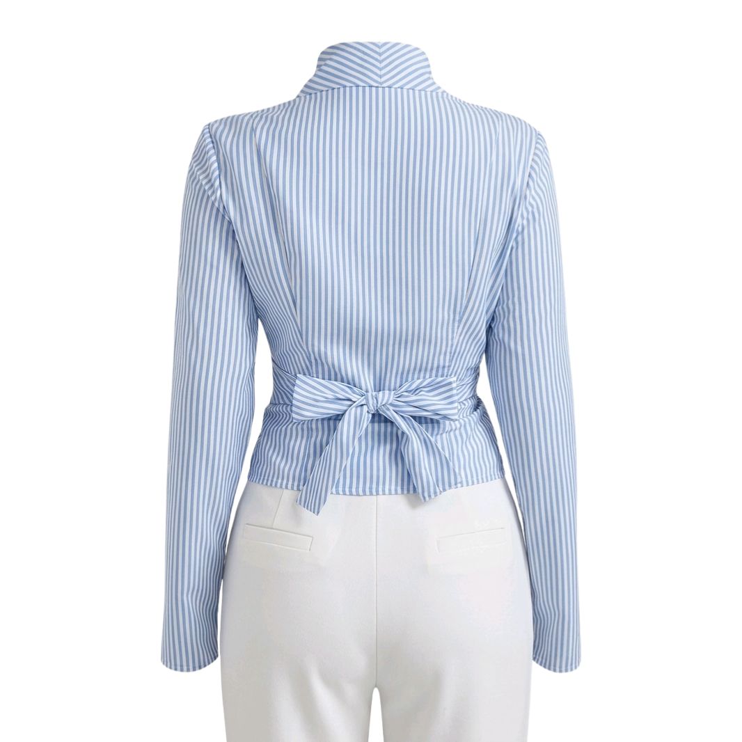 blue and white striped blouse with tie back waist fitted structured long sleeve top women