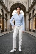 Load image into Gallery viewer, woman wearing blue and white pinstripe wrap blouse tailored fitted elegant top with long sleeves
