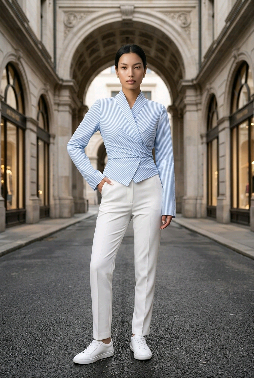 woman wearing blue and white pinstripe wrap blouse tailored fitted elegant top with long sleeves