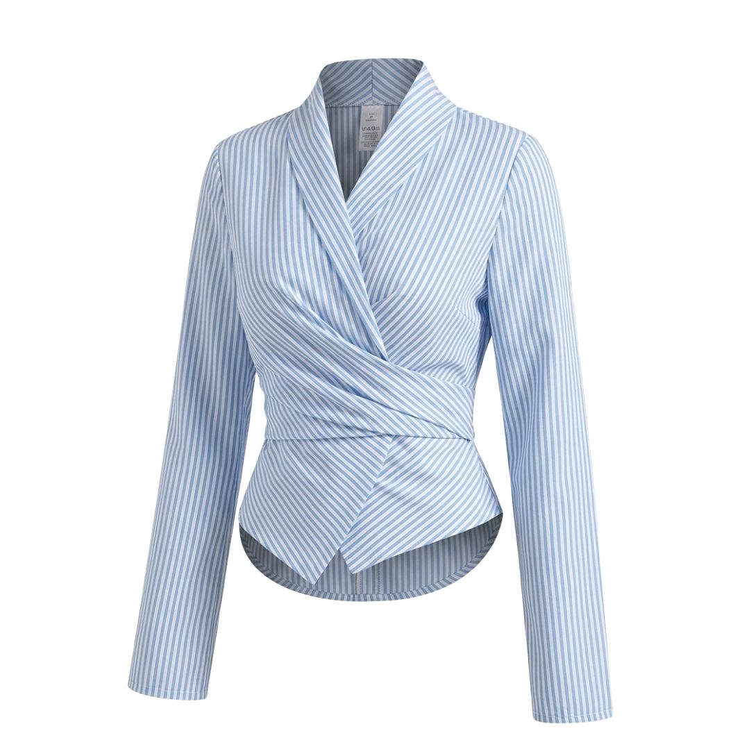 woman wearing blue and white pinstripe wrap blouse tailored fitted elegant top with long sleeves