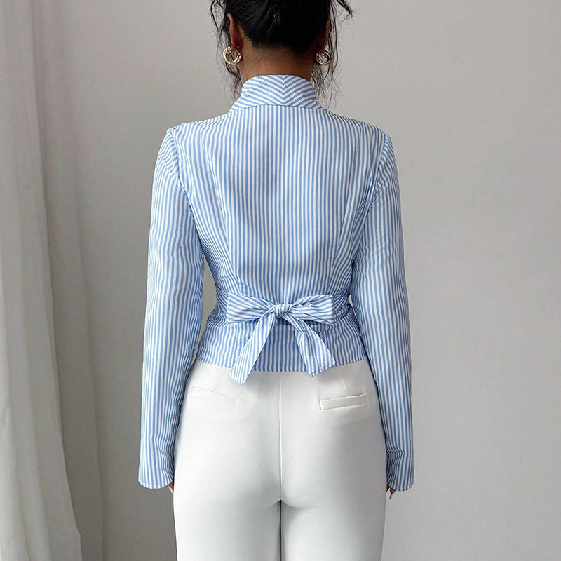 blue and white striped blouse with tie back waist fitted structured long sleeve top women