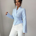 Load image into Gallery viewer, woman wearing blue and white pinstripe wrap blouse tailored fitted elegant top with long sleeves
