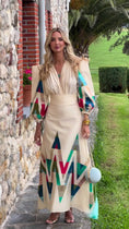 Load image into Gallery viewer, woman wearing geometric print long sleeve midi dress beige colorful pattern elegant spring resort outfit
