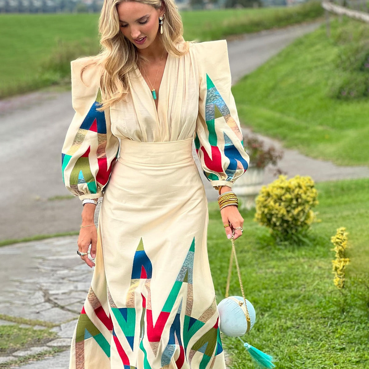 Lumière Virelle Geometric Cotton Maxi Dress – Elegant Long Sleeve Resort & Spring Maxi Dress for Women