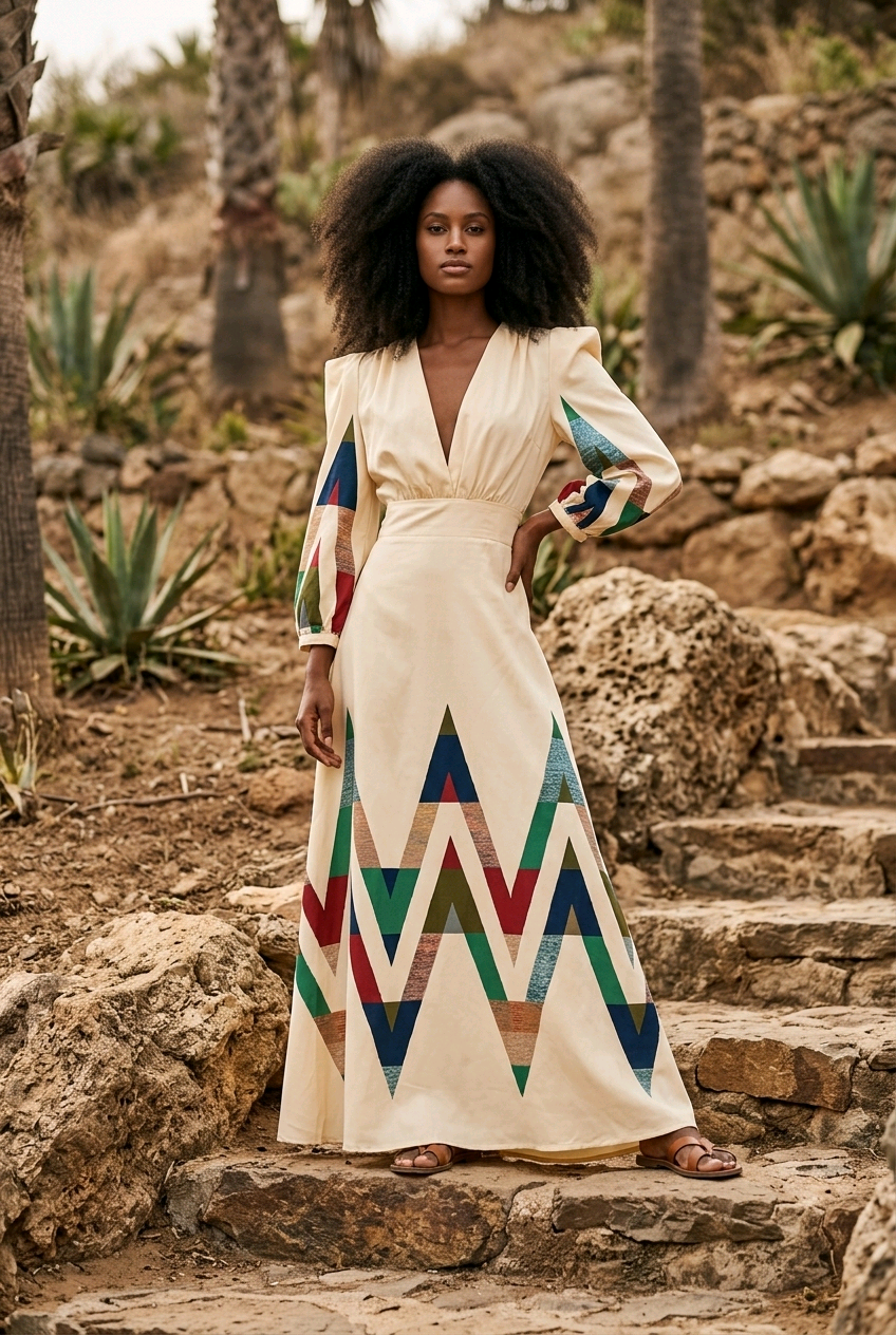woman wearing geometric print long sleeve midi dress beige colorful pattern elegant spring resort outfit