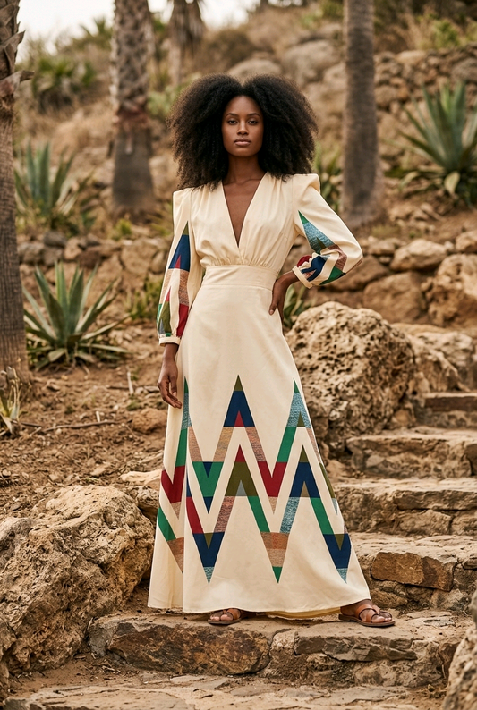woman wearing geometric print long sleeve midi dress beige colorful pattern elegant spring resort outfit