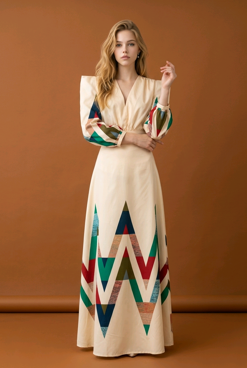 woman wearing geometric print long sleeve midi dress beige colorful pattern elegant spring resort outfit