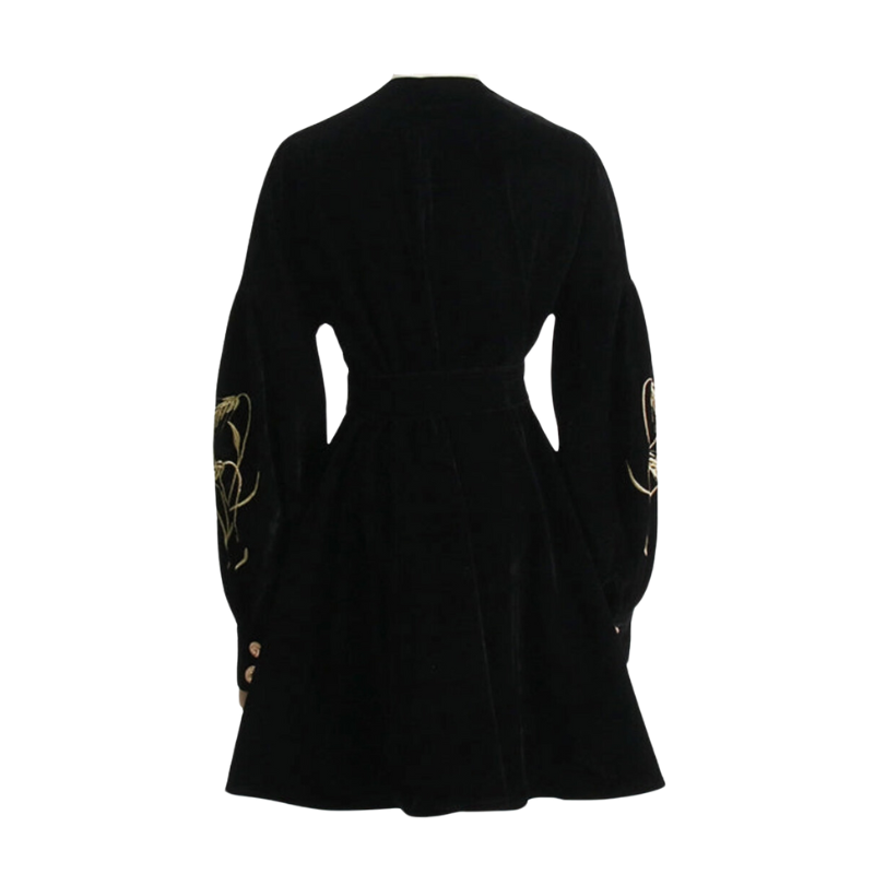 Luvira Puff Sleeves Embroidered Velvet Tied Waist V-Neck Mini Dress