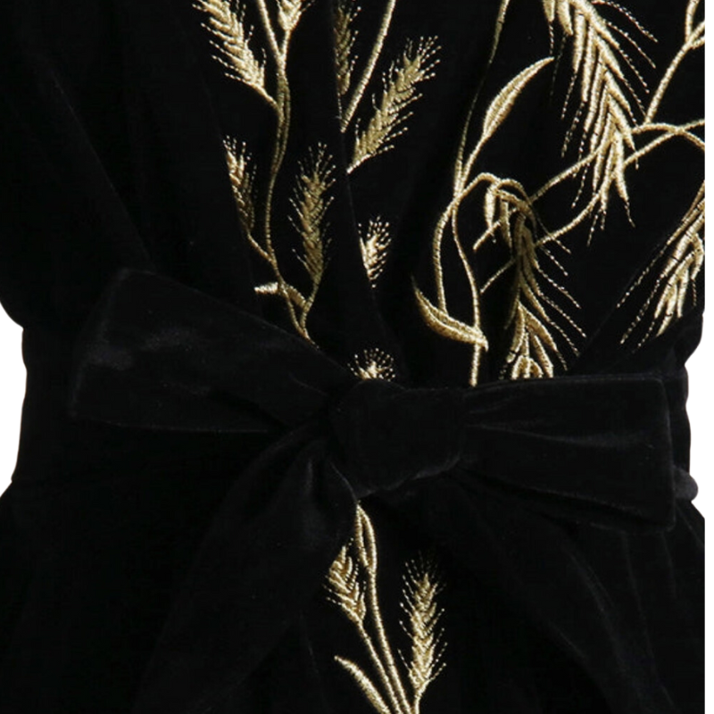 Luvira Puff Sleeves Embroidered Velvet Tied Waist V-Neck Mini Dress