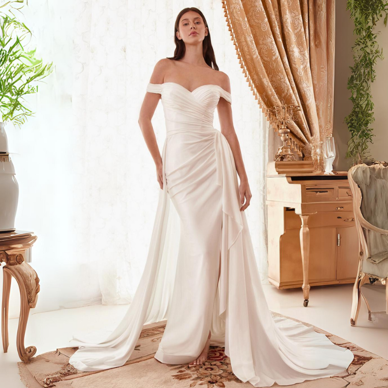 Lyrielle Draped Off the Shoulder Bridal Gown with Overskirt