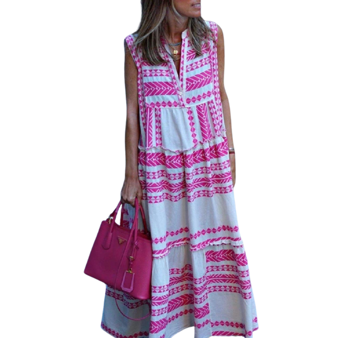Khloe Women's Ethnic Boho Print V-Neck Sleeveless Tiered Maxi Dress