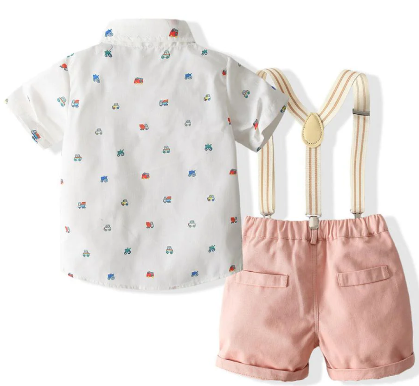 1 Adorable Button-Down Shirt, 1 Pair of Playful Shorts, 1 Cute Bow Tie, and 1 Pair of Trendy Suspenders