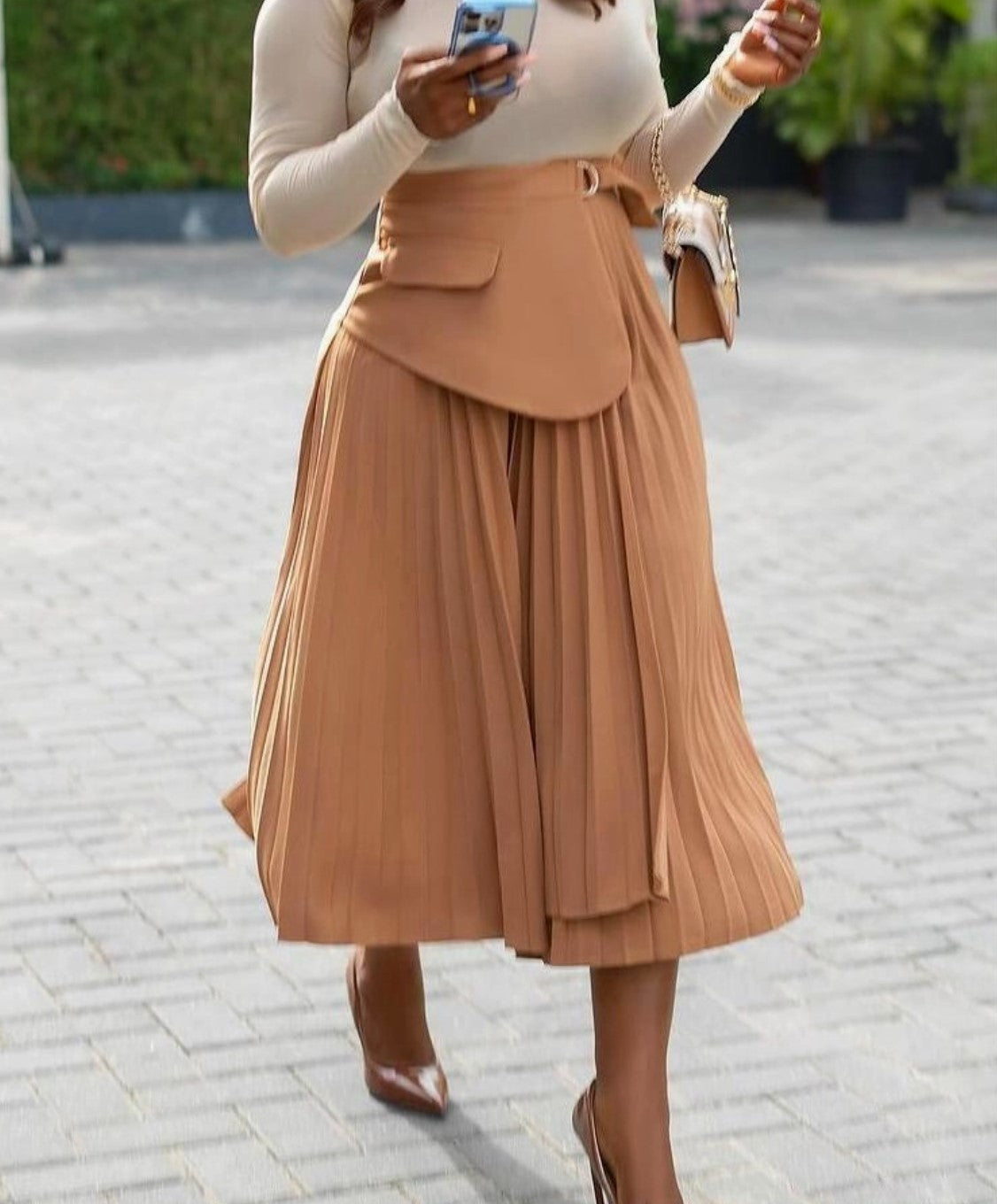 Nicolette A-Line Blazer Accented Pleated Midi Skirt