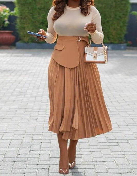 Nicolette A-Line Blazer Accented Pleated Midi Skirt