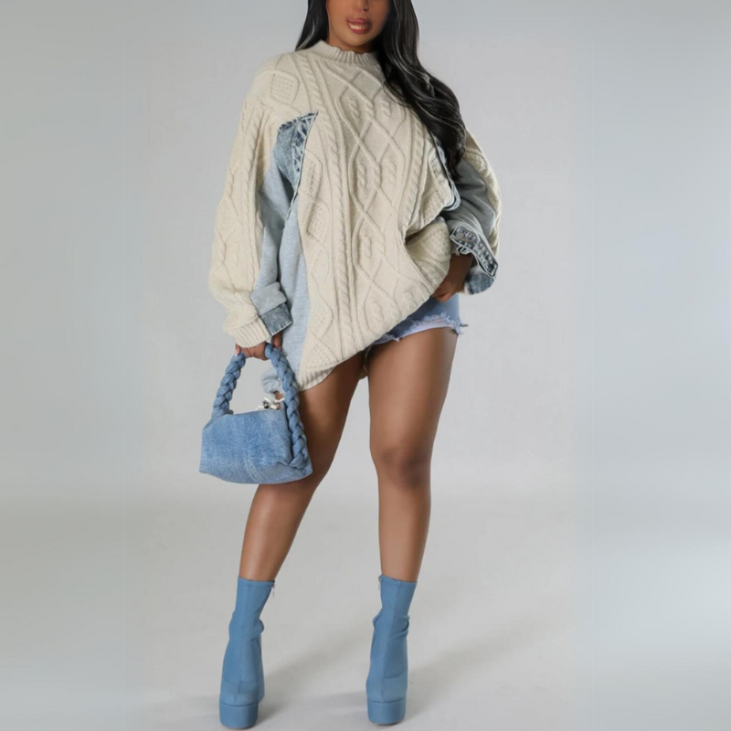 Nikki Oversized Cable-Knit Denim Sweater