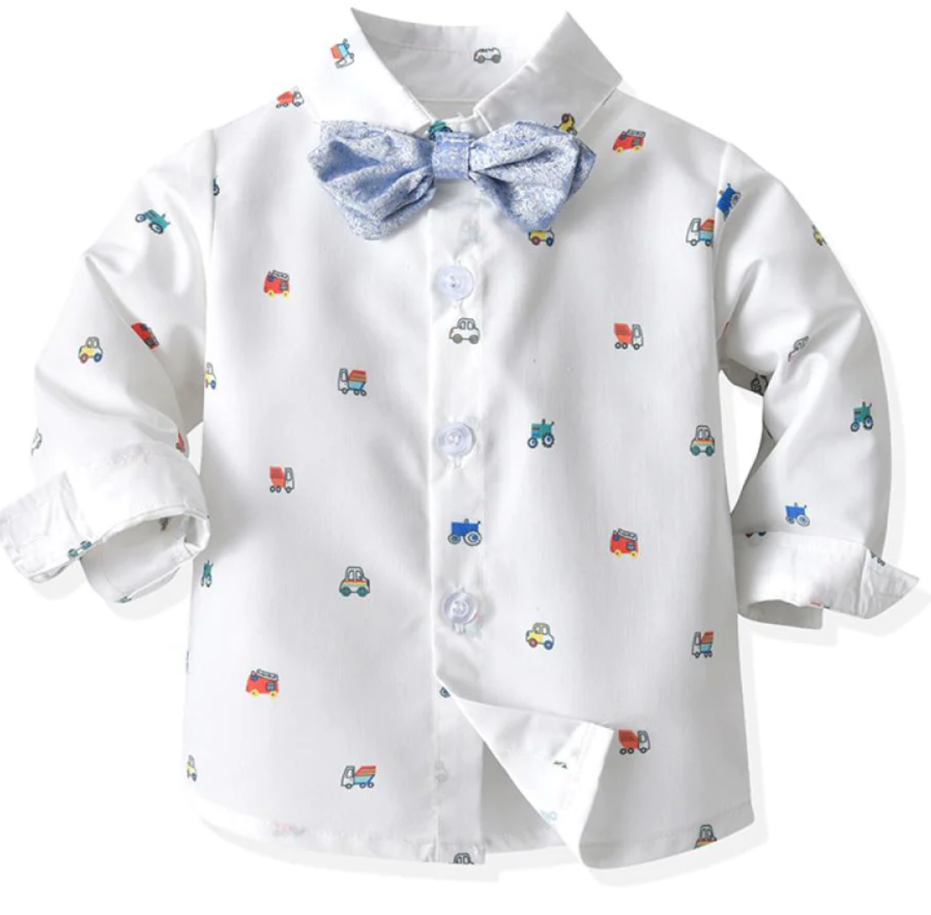 Noah 4 Piece Car Printed Button Down Shirt and Pants Set with Bow Tie and Suspenders